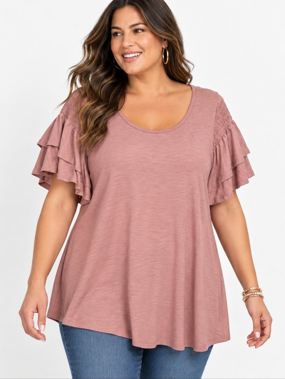 Roaman’s Plus Size Dusty Rose Ruffle Sleeve Tunic Top 2X 26/28